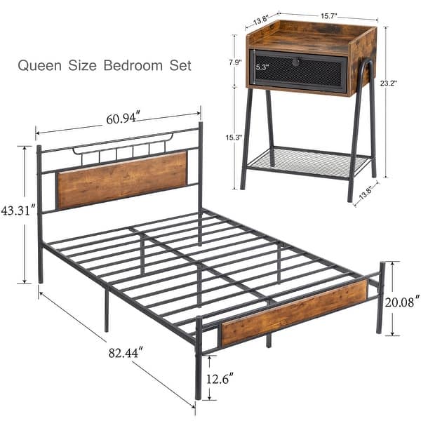 Industrial 3 piece Queen Bedroom Set Bed Frame and Nightstand set of 2, Vintage Brown Bed Bath