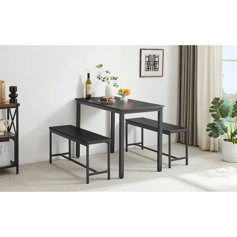 Anmytek 3 Piece Dining Table Set with 2 Benches Black Wood Grain Metal Frame Compact Rectangular Kitchen Table Set