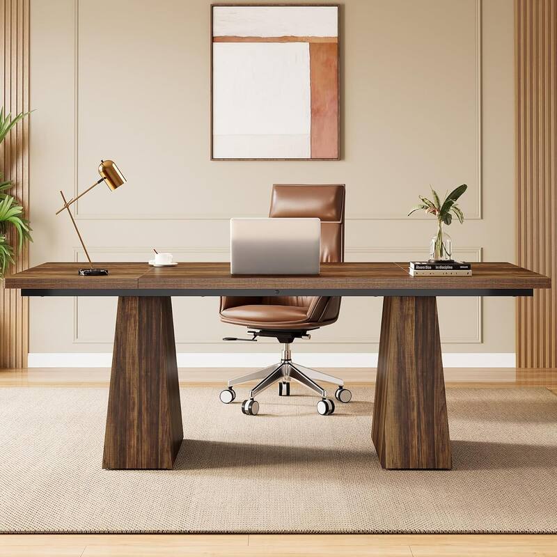 70" Executive Desk, Large Modern Office with Metal Frame for , Rustic Brown & Black