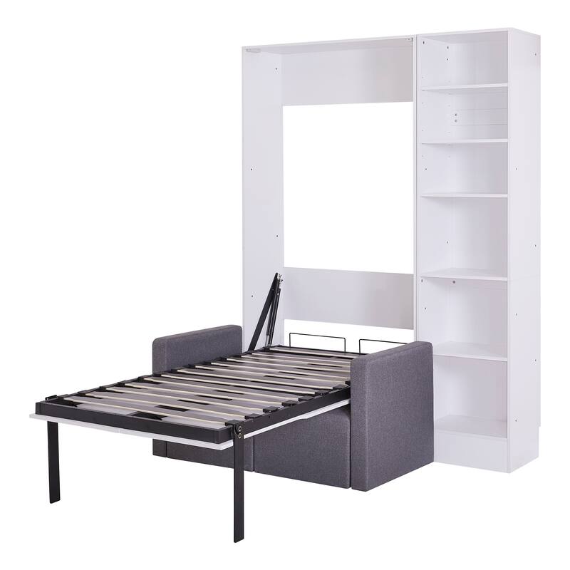 Twin Size Murphy Bed with Sofa and Shelves, White