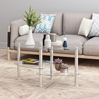 3-layer Transparent Oval Glass Coffee Table with Stainless Steel Legs ...