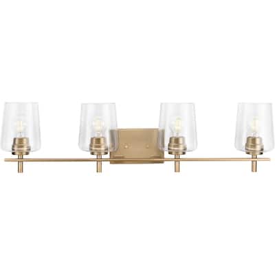 Calais Collection Four-Light Vintage Brass Clear Glass Vanity Light - 34 in x 6.5 in x 8.5 in