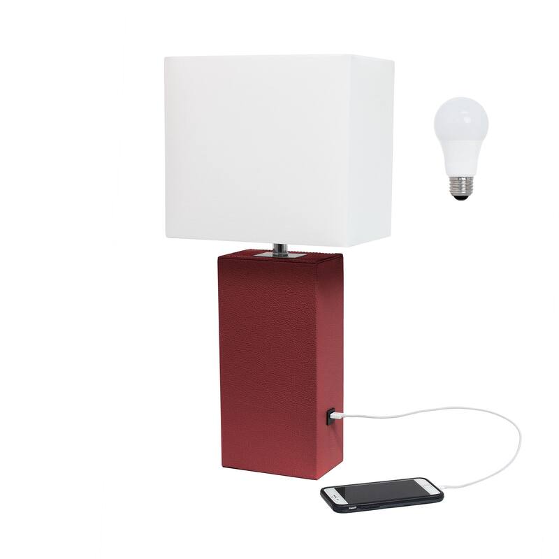Modern Leather Table Lamp with USB and White Fabric Shade