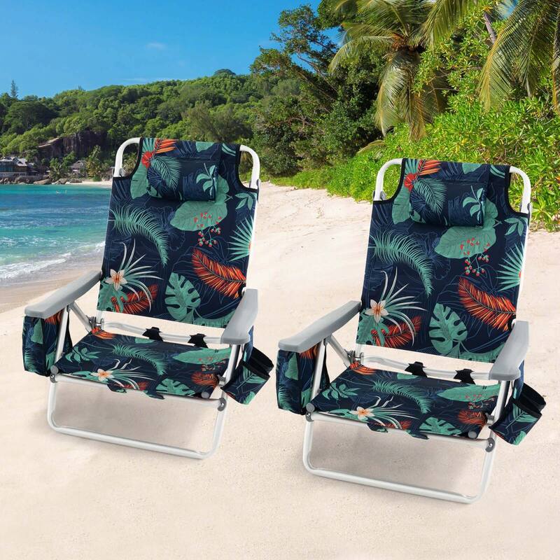 2-Pack Folding Backpack Beach Chair 5-Position Outdoor Reclining - See Details - Dark Green