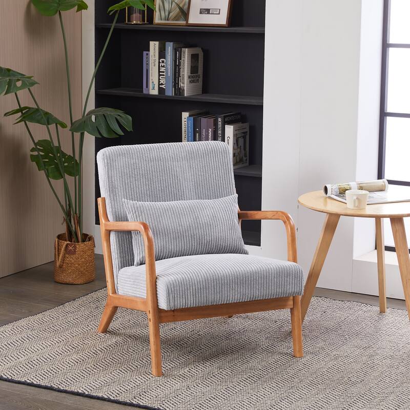 Mid-Century Modern Accent Chair, Arm Chair Living Room Chairs with Pillow Upholstered Reading Chair with Solid Wood Frame - Light Gray