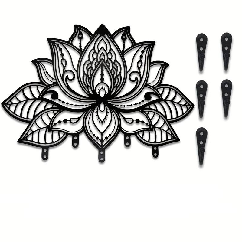 Wall-Mounted Towel Rack with 6 Hooks Black Matte Metal Space-Saving Bathroom Organizer - N/A