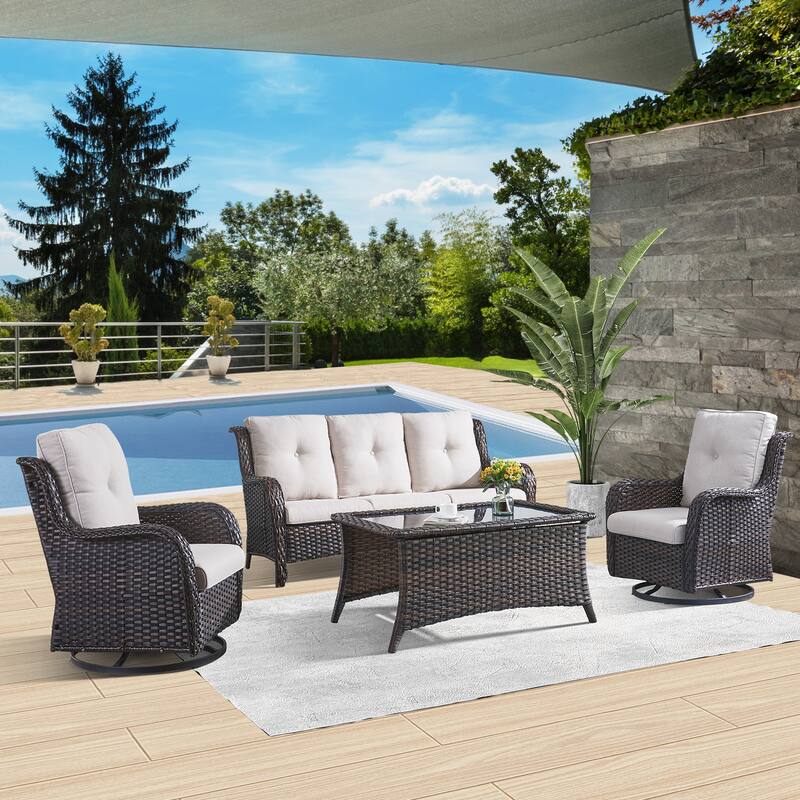 Patio Sofa with Swivel Rocking Chair - Brown - Beige