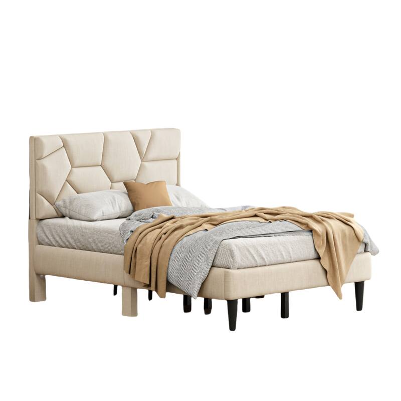 Queen Bed Frame with Linen Headboard - No Box Spring, Easy Assembly