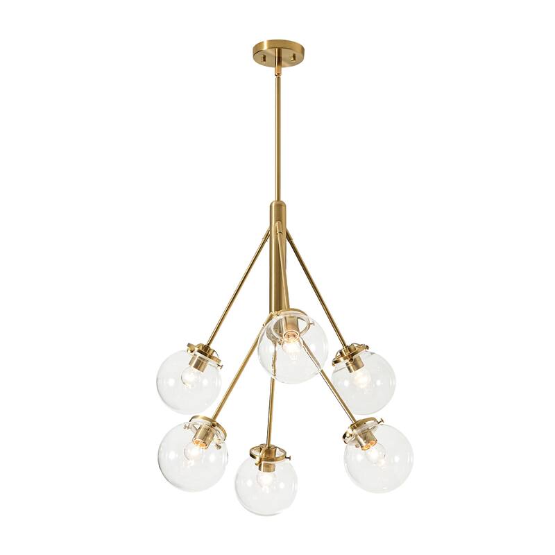 6-Light Modern Glam Sputnik Brass/Matte Black Finish Dimmable Chandelier with Clear Glass Globe for Living & Dining Room