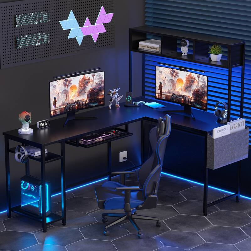 Futzca L Shaped Computer Desk, Black - 92 inch with upper shelf