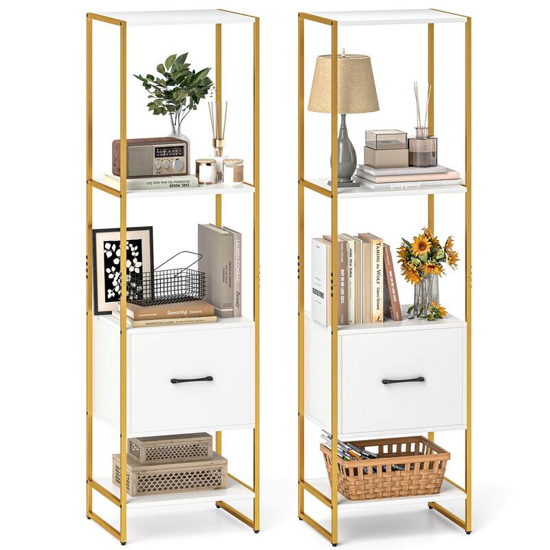 4-Tier Bookshelf w/ Drawer 62.5" Tall Narrow Bookcase w/ Metal Frame - White + Gold - 2 pcs