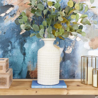 Cream Ceramic Textured Geometric Vase with Checkered Pattern