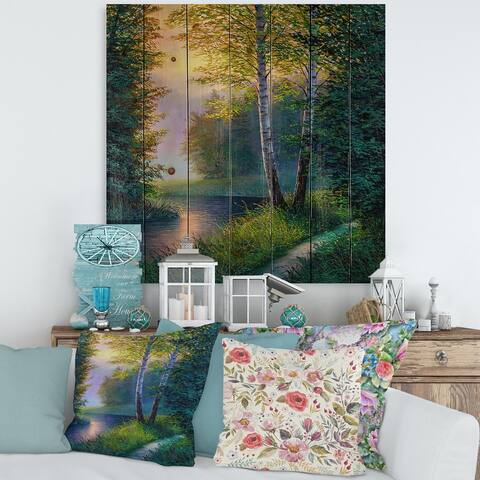 Designart 'Morning Sunlight Through The Birch Forest' Lake House Print on Natural Pine Wood