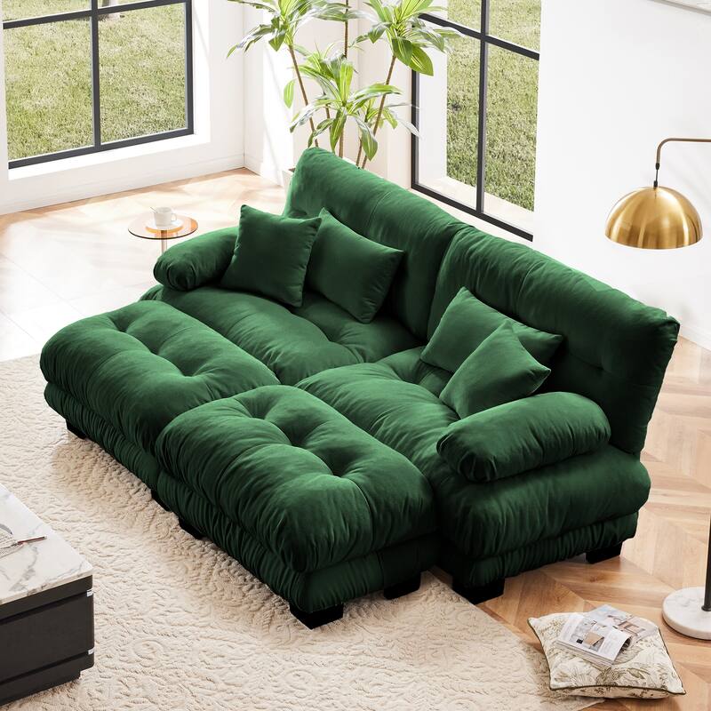 94.4" Chenille Cloud Sleeper Sofa with 2 Ottomans & Pillows