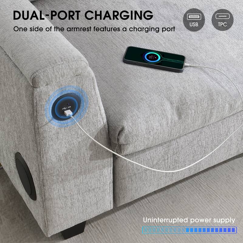 Chenille Sectional Sofa With Bluetooth Speaker,Cloud Couch Set With Drop Down Table,Cup Holders,Usb Charger,Storage Armrest