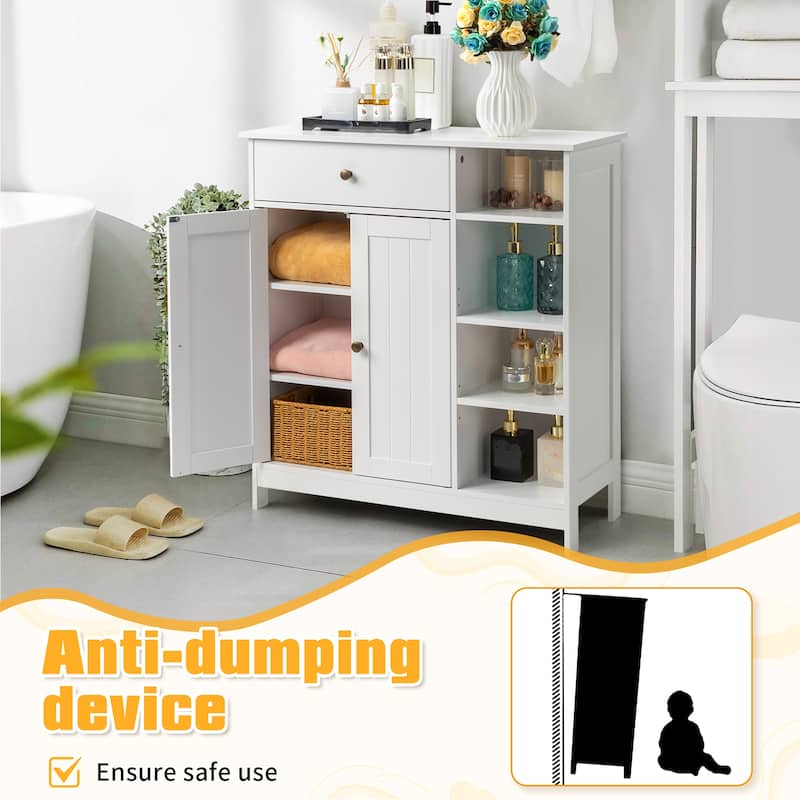 Freestanding White MDF Bathroom Storage Cabinet with Drawer and 2 Adjustable Shelves for Small Essential