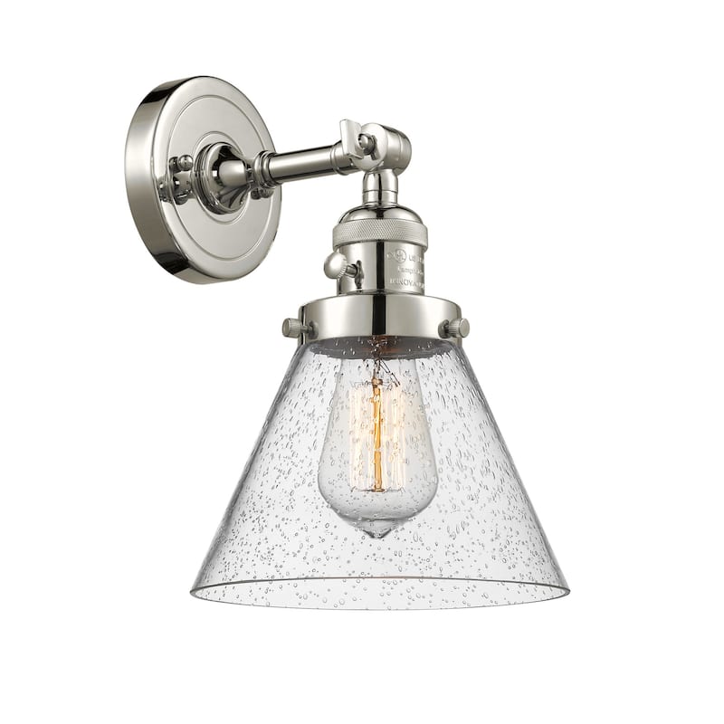 Innovations Lighting Large Cone Single Light 10" Tall Bathroom Sconce - Polished Nickel / Seedy