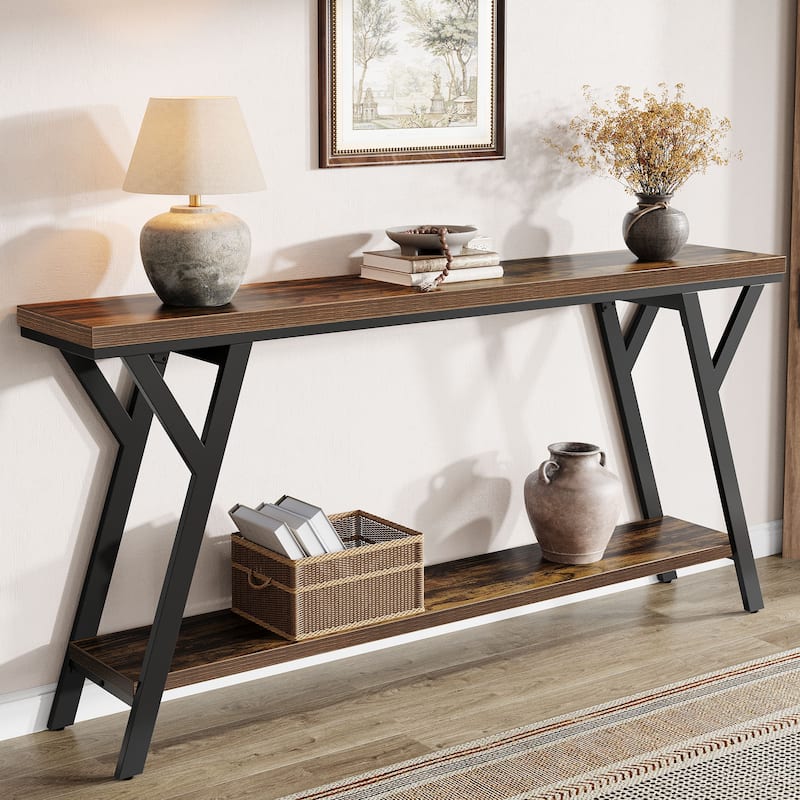 Industrial Sofa Table Behind Couch with 2-tier Storage Shelf for Hallway