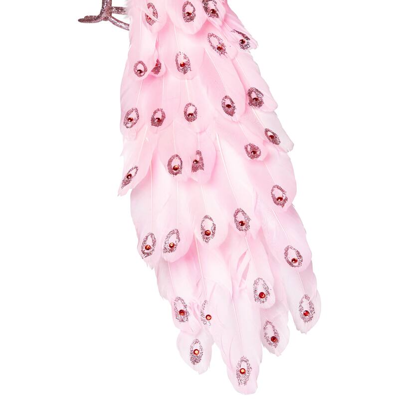 Peacock with Glitter and Faux Jewels Christmas Decoration - 20" - Light Pink