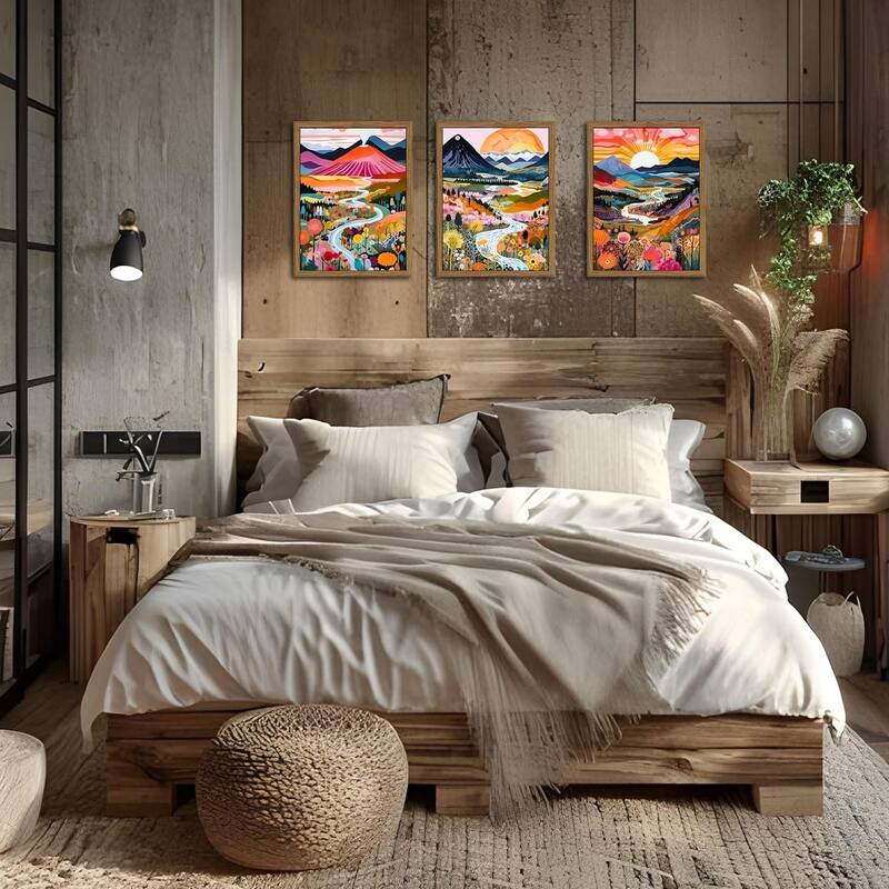 Colorful Wall Art, Set of 3 Abstract Watercolor Mountain Landscape
