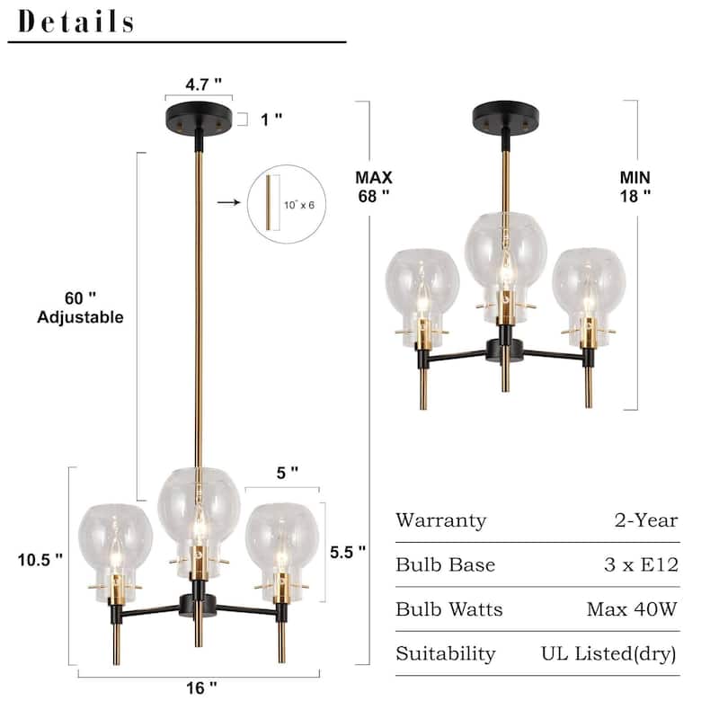 Isha Modern Minimalist 3-Light Black and Gold Chandelier Globe Glass Pendant Light for Dining Room