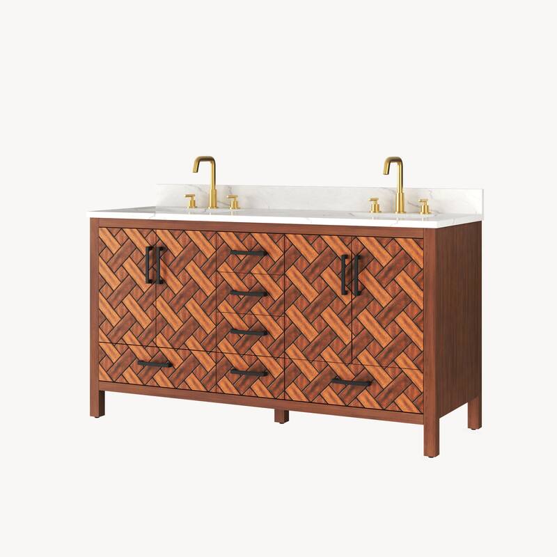 60" Freestanding Bathroom Vanity with Engineered Stone Top, Ceramic Double-Sink, Built-In Power Outlet, and Hair Dryer Storage