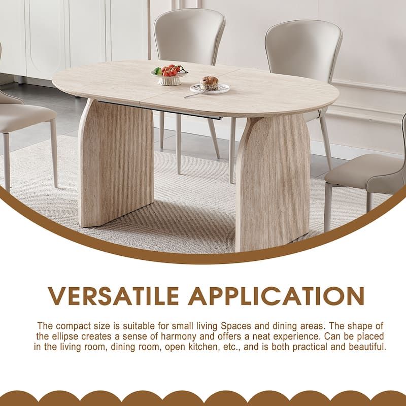 Wood Extendable Dining Table, Modern Oval Kitchen Table with Stylish Dual - Pillar Design - Natural Wood