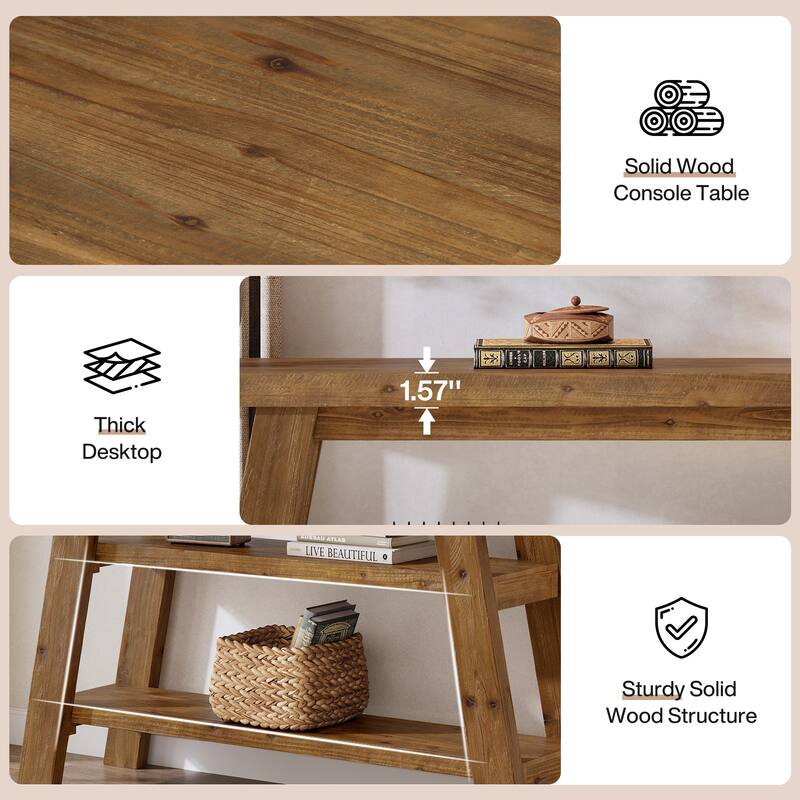 Solid Wood Console Table with 3-Tier Storage Shelves