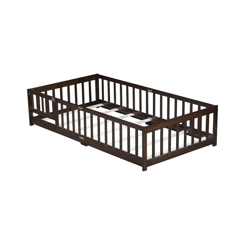 Roomfitters Twin/Full/Queen Rubber Wood Floor Bed with Fence and Swing Door, Safety Guardrails, Low Profile Design