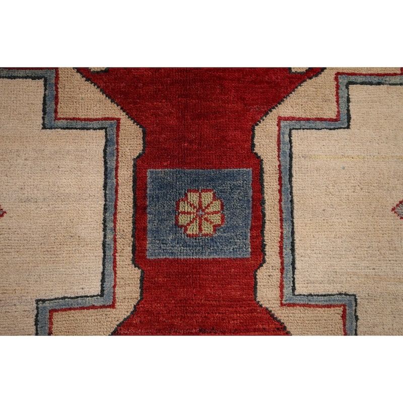 Geometric Beige Kazak Oriental Rug Hand-Knotted Bedroom Wool Carpet - 5'0" x 6'6"