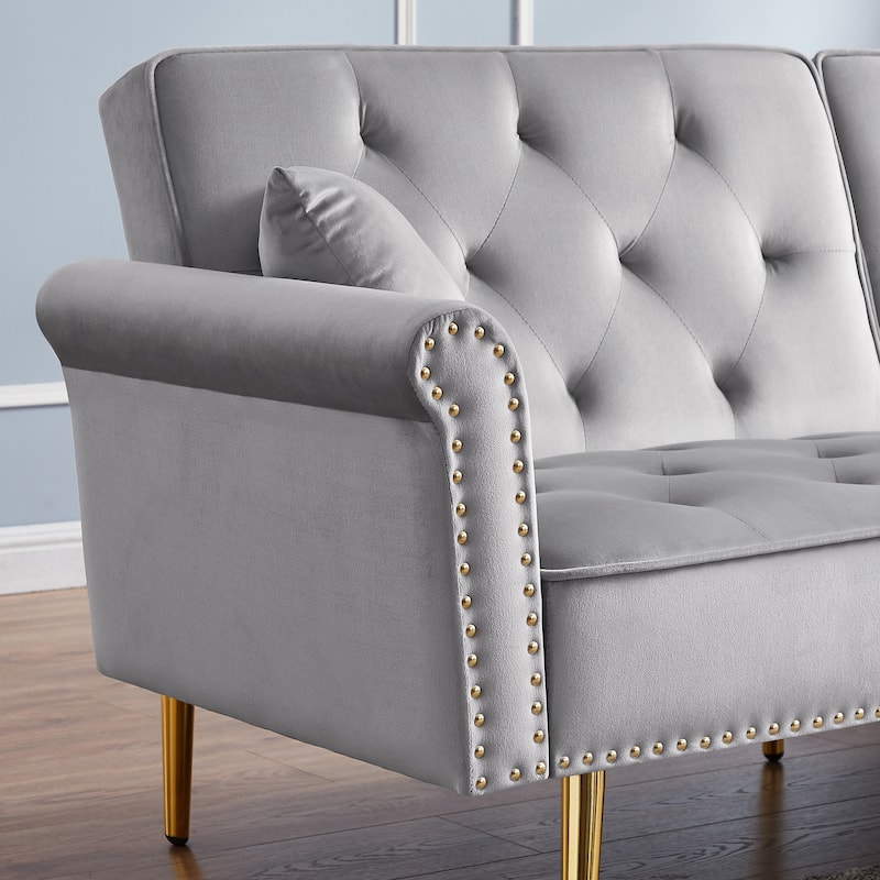 Velvet Tufted Sofa Couch with 2 Pillows and Nailhead Trim for Living Room, Entryway, Hallway, Office
