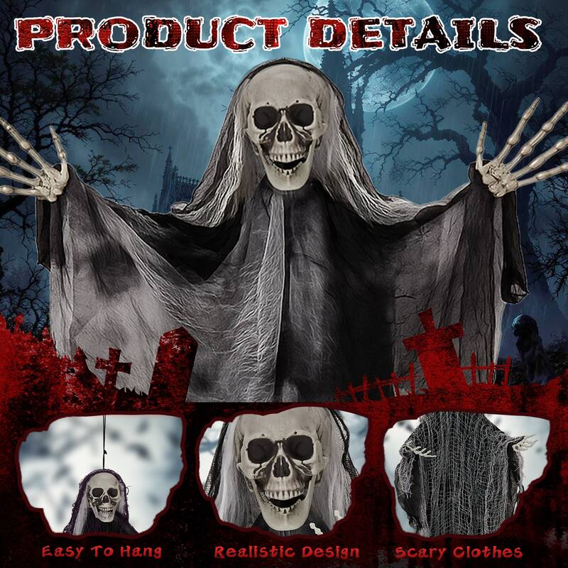 3-Pack Hanging Grim Reaper Decorations with Scary Skull Heads and Tattered Robes for Halloween
