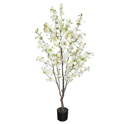 4.5ft Cream White Artificial Cherry Blossom Flower Tree Plant in Black Pot - 54" H x 26" W x 26" DP