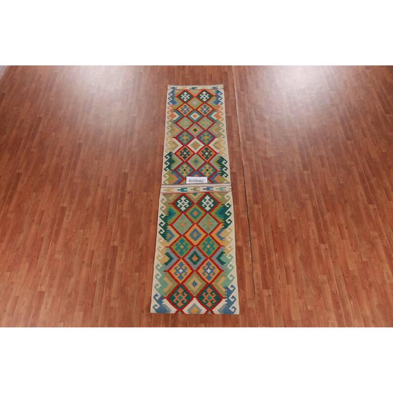 Hand Woven Oriental 100% Wool Carpet Southwestern Geometric Multi-Colored Kilim Runner Rug - 16' 1'' X 2' 9''