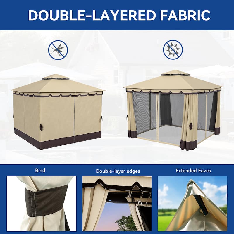 Outdoor 10x10/12Ft Patio Gazebo Canopy with Soft Roof Netting Curtains