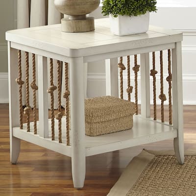 Dockside White Living Room End Table with Coastal Rope Accent