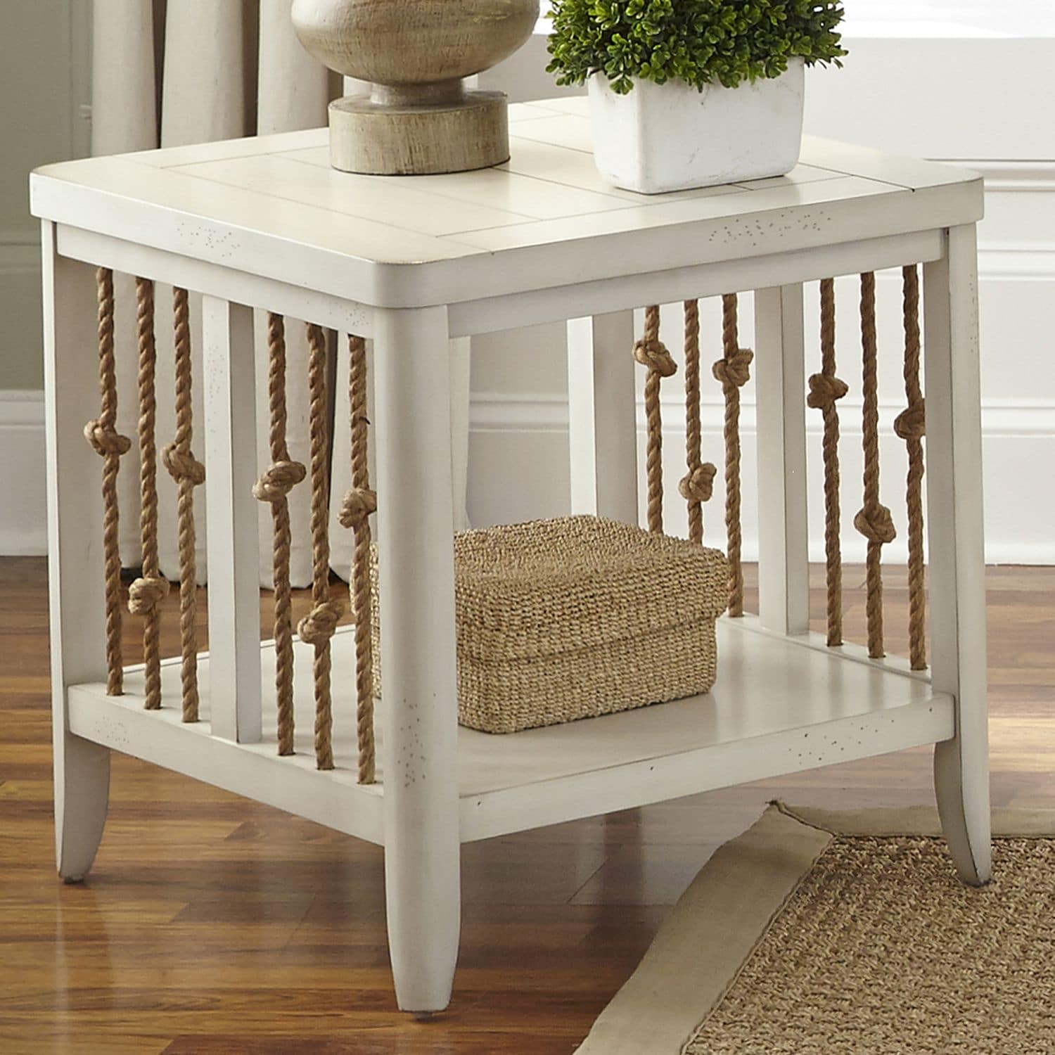 Liberty Furniture Dockside White Wood End Table - Coastal Rope Accent - W23 x D25 x H24