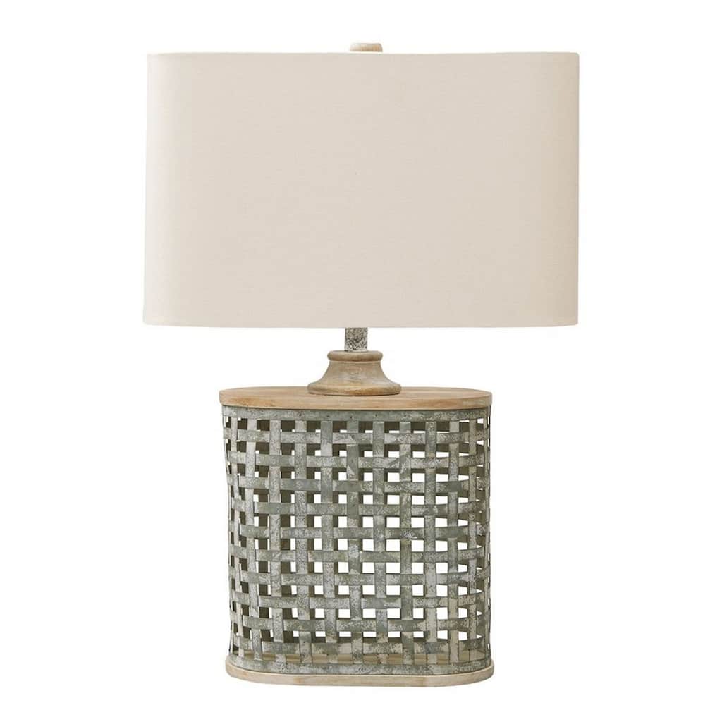 Metal Table Lamp with Lattice Design Body and Hardback Shade,Gray and Beige