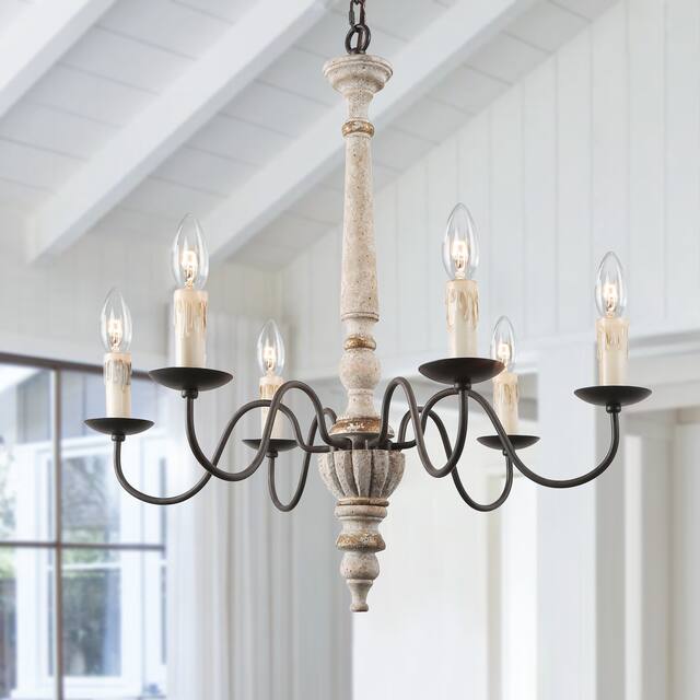 The Gray Barn Modern Farmhouse 6-Light French Country Candle Distressed Wood Chandelier - D25" X H27" - 6-light