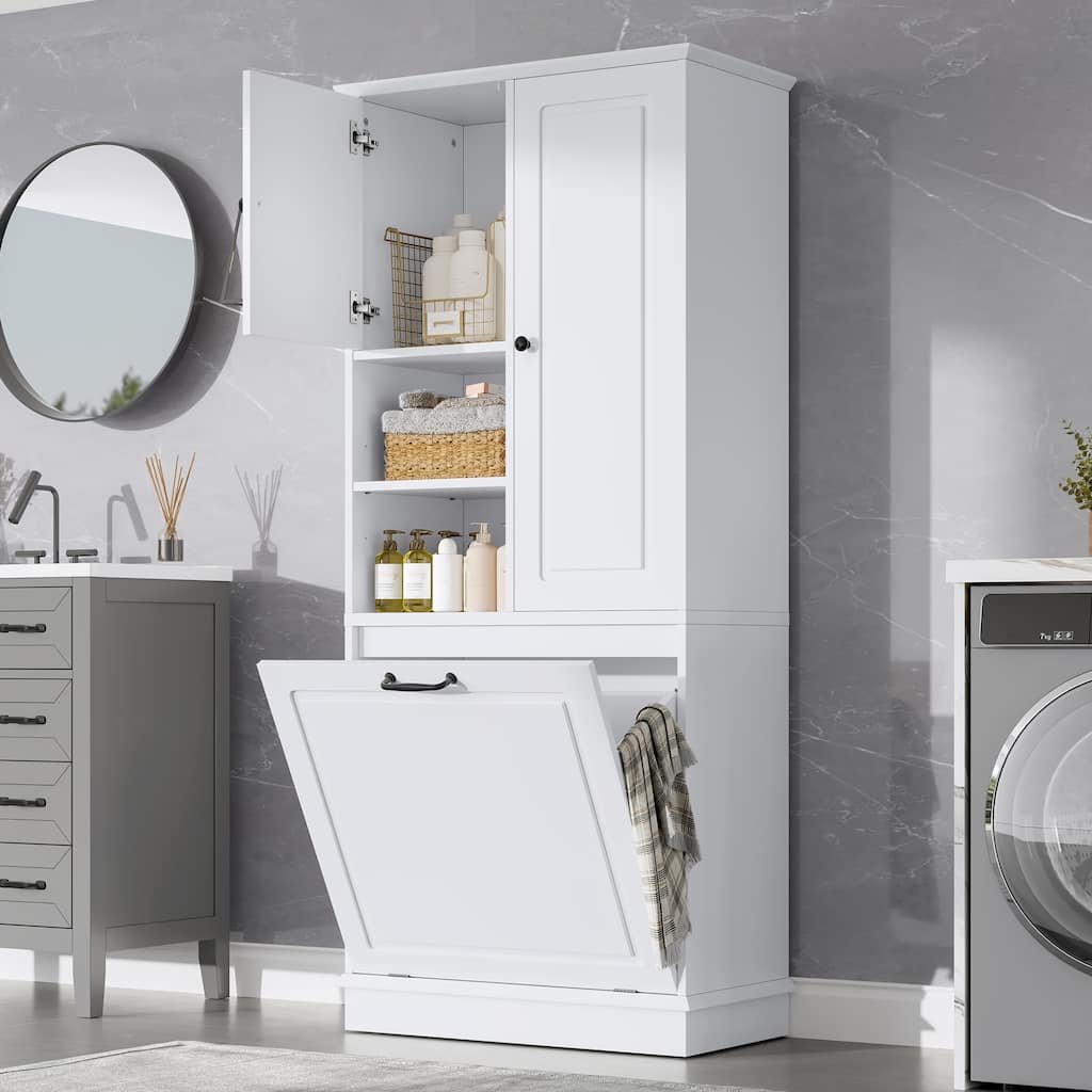 Free Standing Tall Storage Cabinet Floor Cabinet for Bathroom with Adjustable Shelves, Large Flip-Out Basket & Enclosed Cabinets