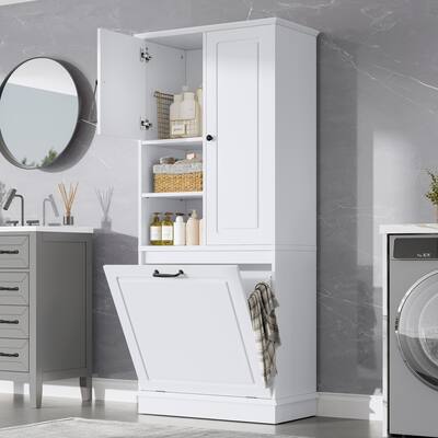 Tall Storage Cabinet with Adjustable Shelves, Large Flip-Out Basket & Enclosed Cabinets