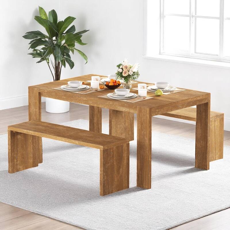 Rectangular 3-Piece Dining Set with Benches, Farmhouse Kitchen Table Set for 6, MDF & Rubber Wood - Natural