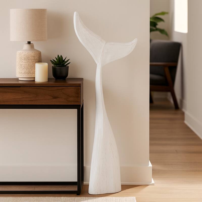 Artistic Wood Whale Tail Figurine Sculpture Home Decor - White