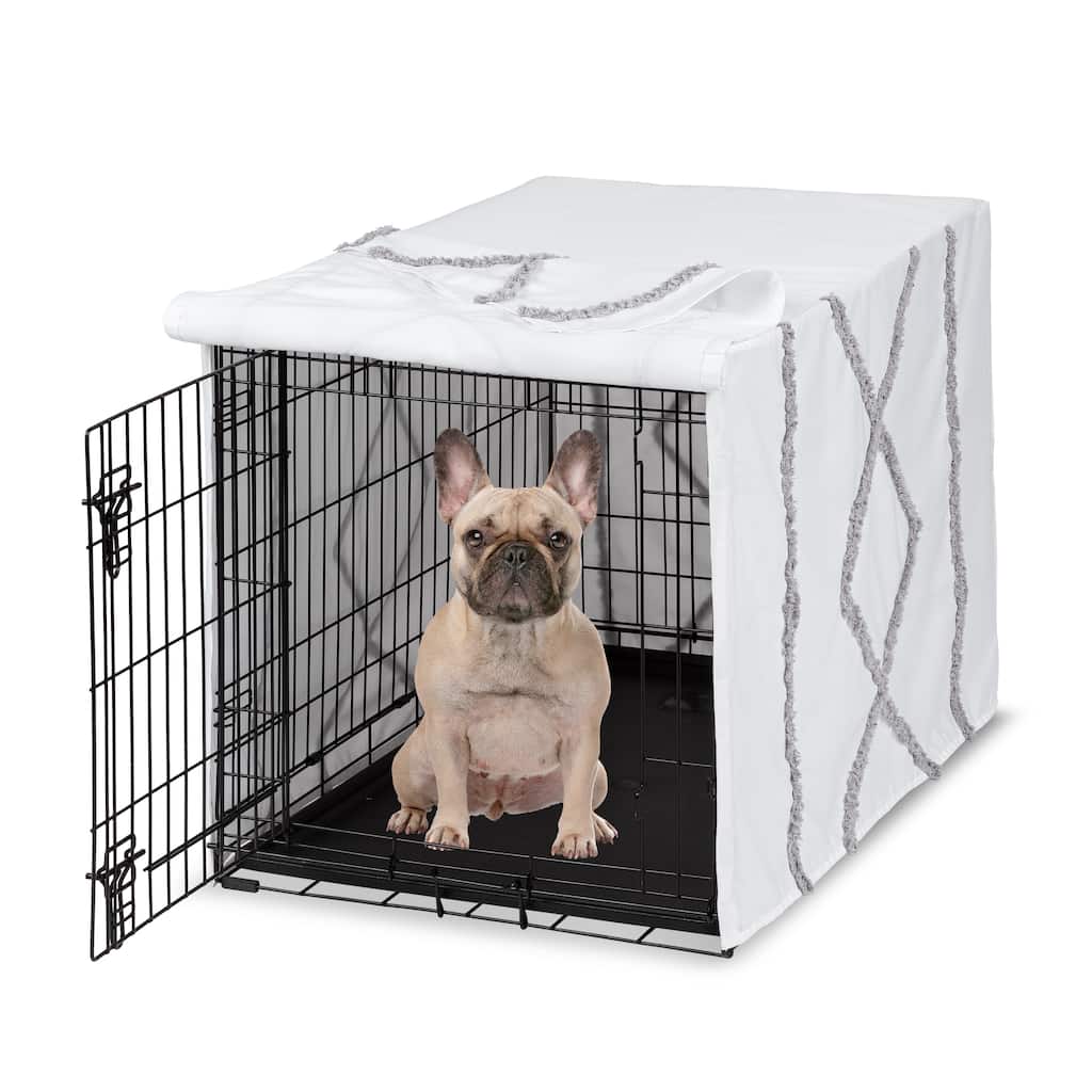 Sweet Jojo Designs Boho Bohemian Dog Crate Kennel Cover 30in Grey and White Farmhouse Shabby Chic Modern Gray Tuft Tufted Cotton