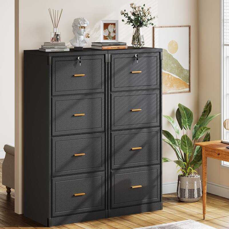4-Drawer File Cabinet with Lock and Key, Vertical Filling Cabinet for A4/Letter/Legal Size Files - Balck (2-PC)