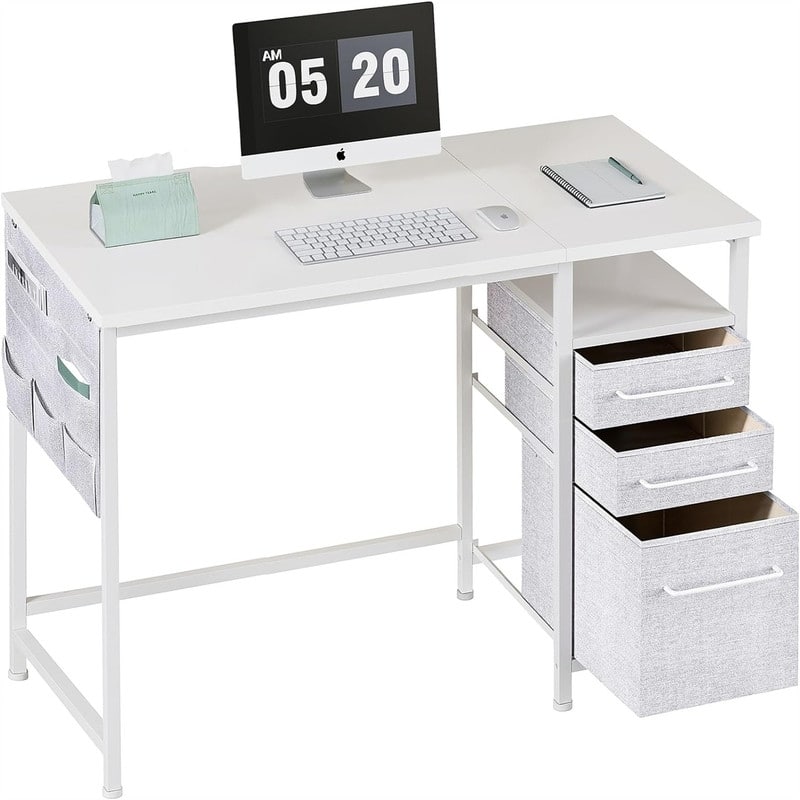Desk with Drawers and Shelves - White