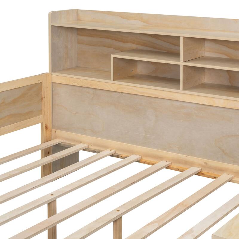 Full Size Wooden Daybed with Storage Drawers and Built-in Study Desk - Multi-functional Bed in Antique White