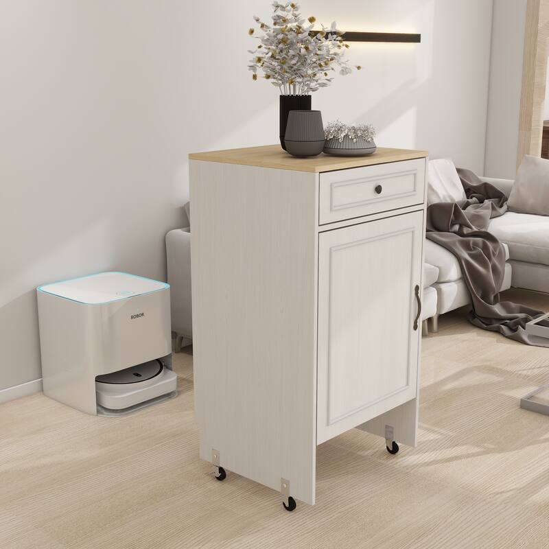 Robot Vacuum Storage Stand – Rolling Cabinet with Doors/Drawers, Antique White Finish