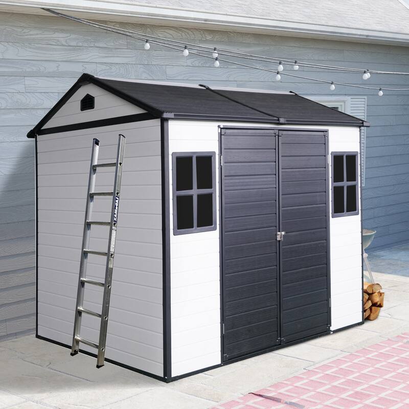 Resin Outdoor Storage Shed UV-Proof Garden Tool Shed with Sloping Roof & Lockable Double Doors, Built-in Floor