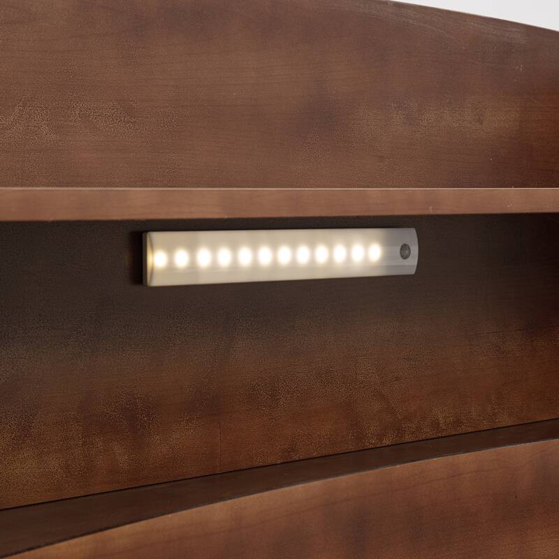 Full Pine Wood Bed with Bookcase Headboard, LED Motion Sensor Light, Bed Guardrails, Walnut Finish
